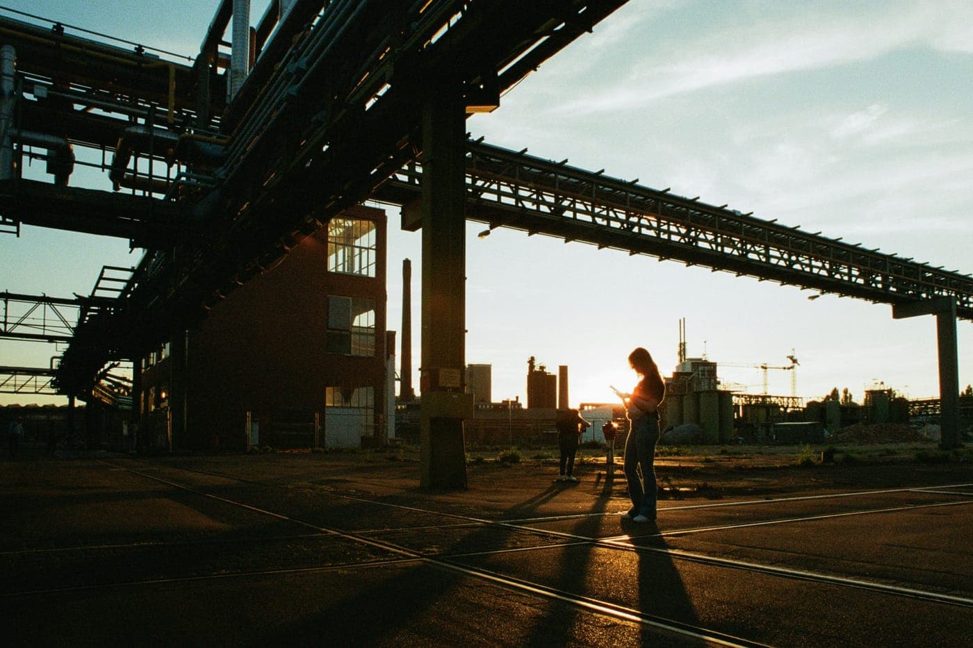 Industrial yard at sunset